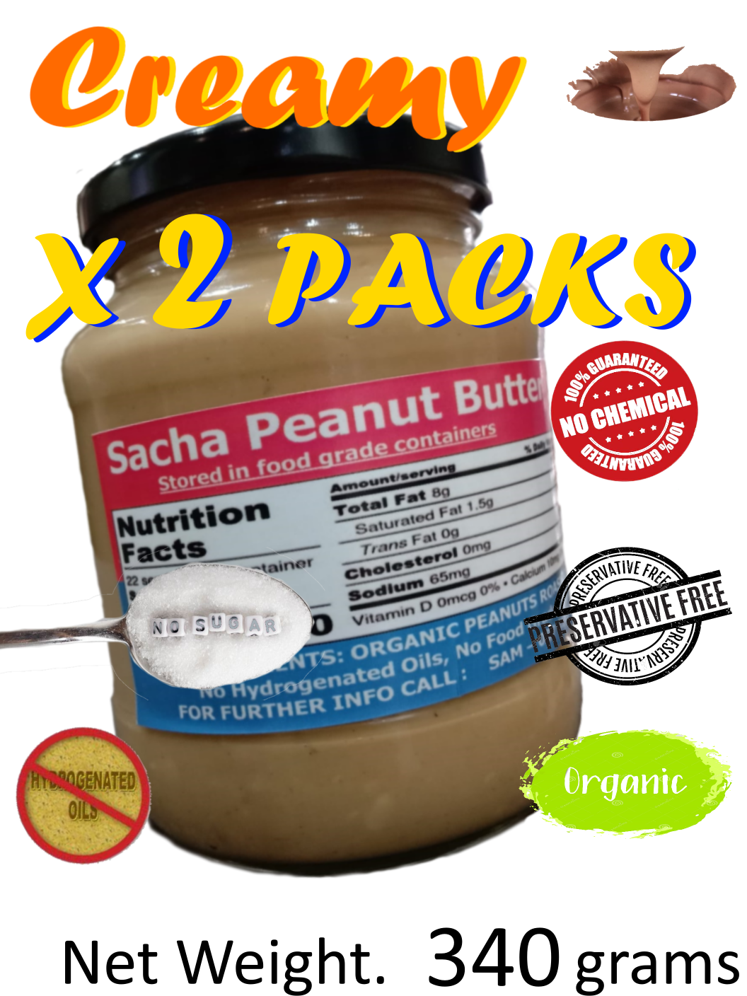 Sacha Peanut Butter (Creamy x 2 Packs) All Natural Organic (340 grams x 2 แพ็ค) - Free Delivery, ซาช่า-เนยถั่ว (ส่งฟรี)
