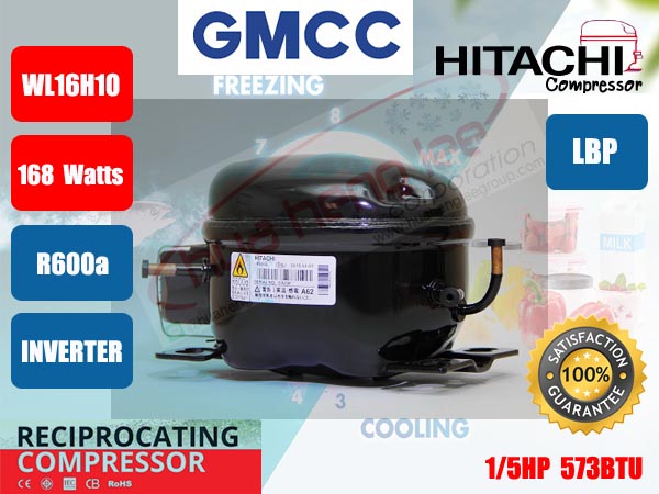 คอมเพรสเซอร์ ตู้เย็น GMCC (HITACHI)  รุ่น WL16H10DZB ขนาด 1/5HP น้ำยา R600a INVERTER