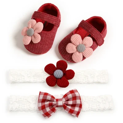 smartingbaby Autumn Baby Girl Anti-Slip Casual Walking Shoes Soft Soled Shoes 2 Headband 3 Suit Flower Sneakers Soft Soled First Walkers
