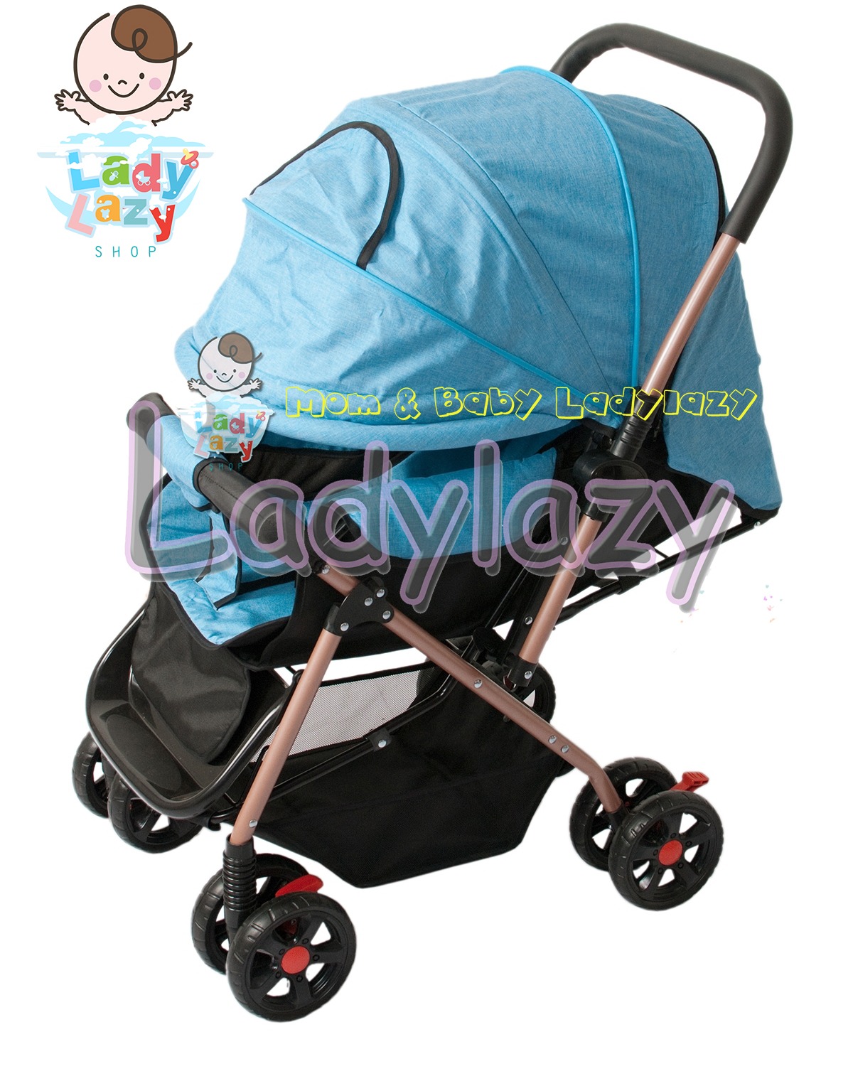 ladylazyรถเข็นเด็ก รุ่นLady02 ปรับนั่ง/เอน/นอน เข็นหน้า-หลังได้ ฟรีมุ้ง+กระเป๋า สีฟ้า