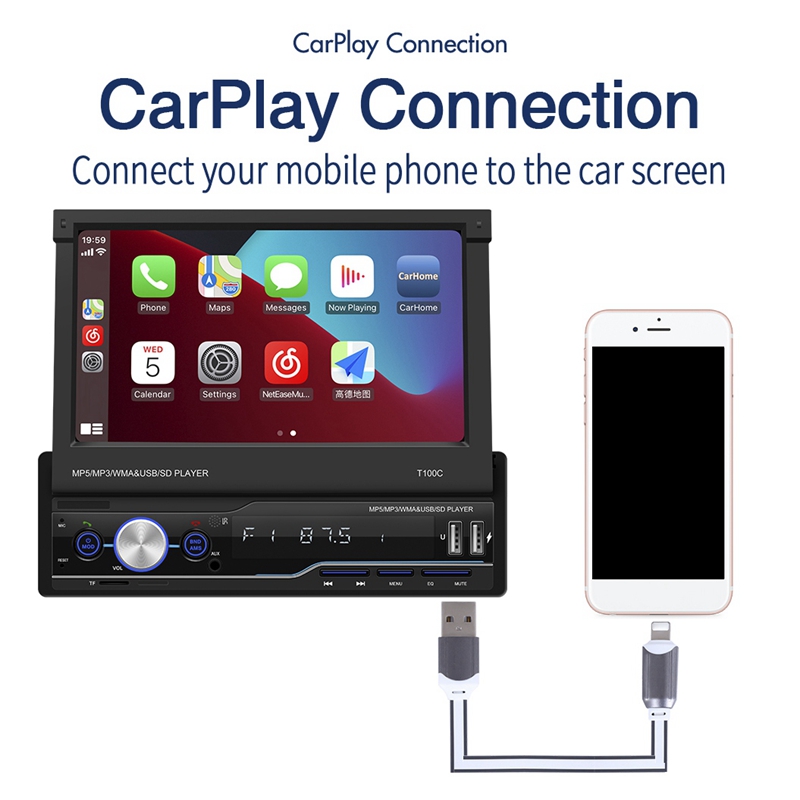 1Din Car Radio 7Inch Manual Retractable Contact Screen Stereo Bluetooth Autoradio AUX Carplay MP5 Multimedia Player