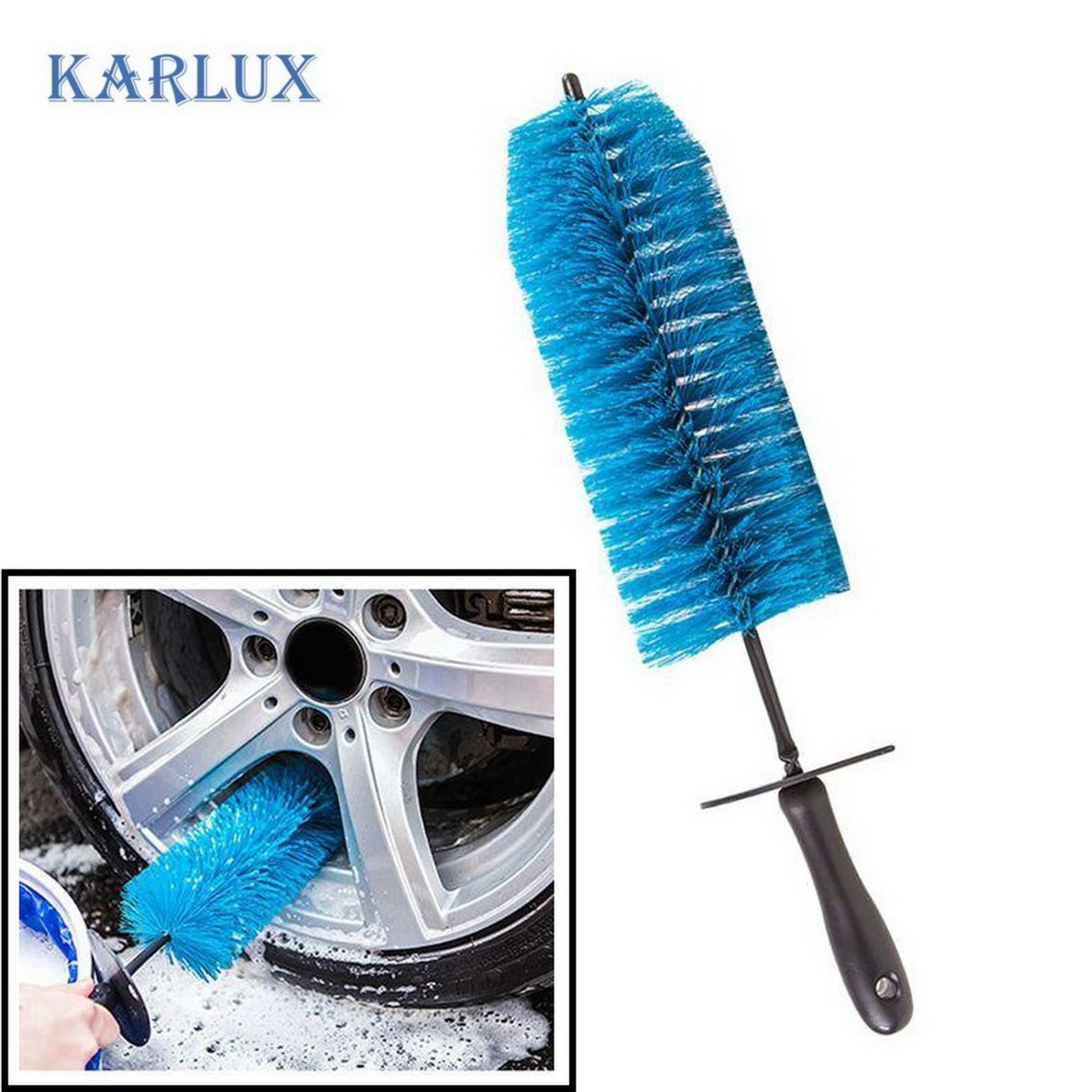 Karlux  แปรงล้อรถ กว้าง10cm x ยาว47cm ขนสีฟ้า ใช้อเนกประสงค์สำหรับยาง, ซี่ล้อรถ, รถจักรยานยนต์, เครื่องยนต์, ท่อไอเสีย