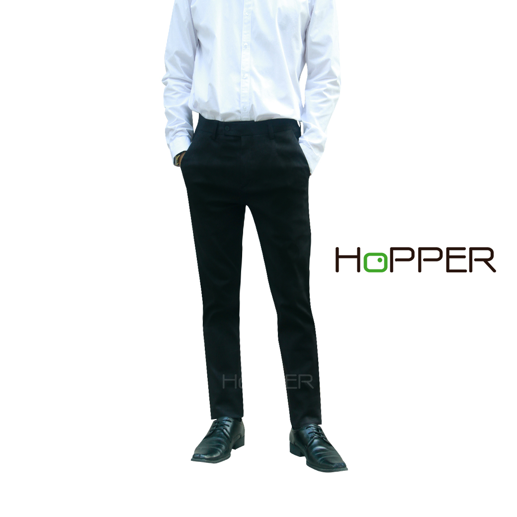 กางเกงสแลคขายาว Hopper Progress ผ้ายืดหนา กระบอกเล็ก เอวสูง สีดำ