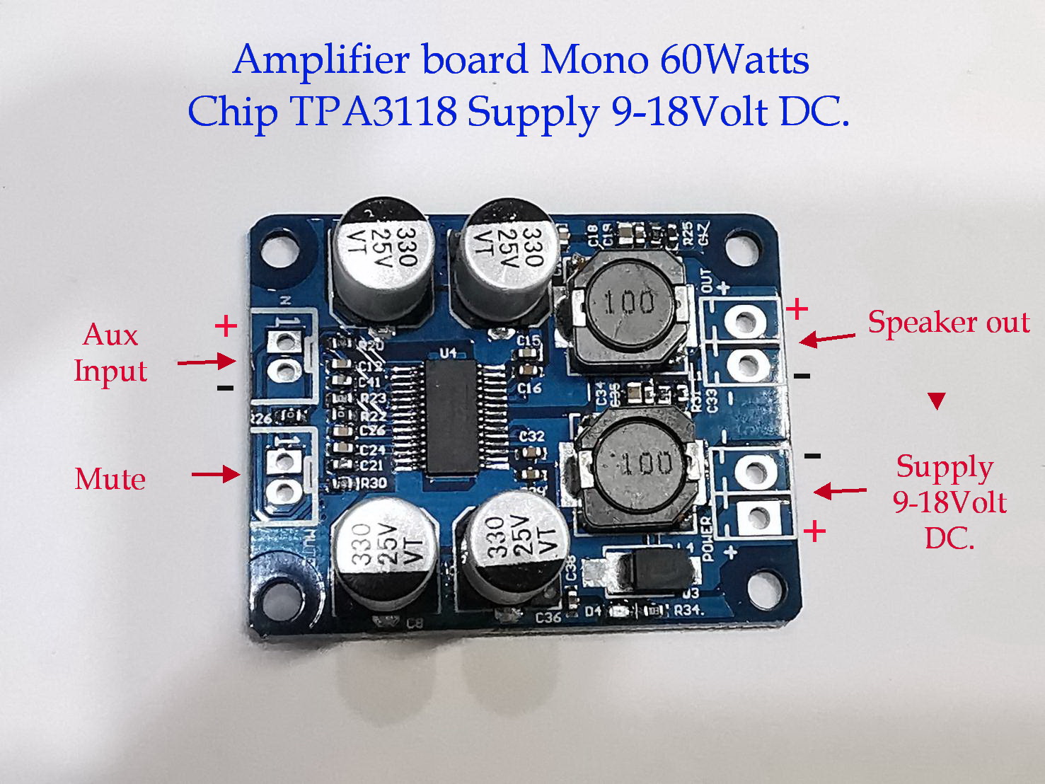บอร์ดขยายเสียงMono  60W. Supply 9-18 V.DC. Chip TPA3118   Amplifier board Mono  Digital Audio Power Amplifier Module