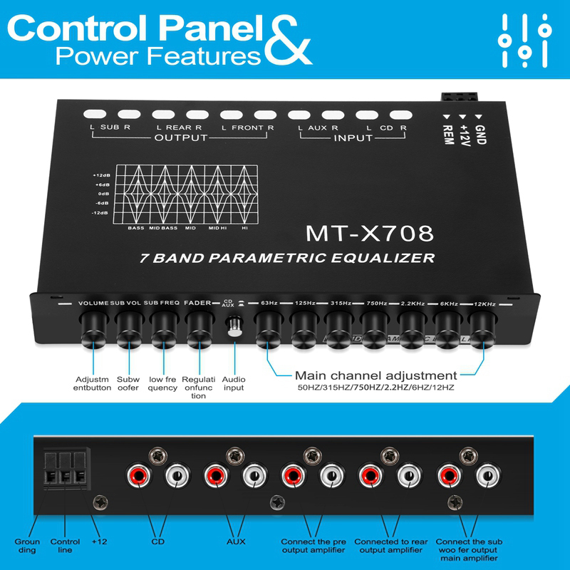 Car Audio Equalizer, Adjustable EQ Car Amplifier Graphic Equalizer with CD/AUX Input Select Switch,Black