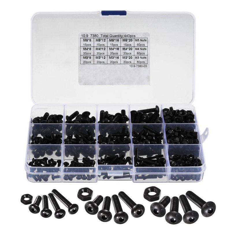 440pcs M3 M4 M5 Alloy Steel Hex Socket Button Head Cap Bolts Screws Nuts Set