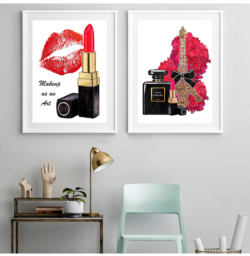 Fashion Girl Paris Perfume Lipstick Flower Wall Art Canvas Painting ...