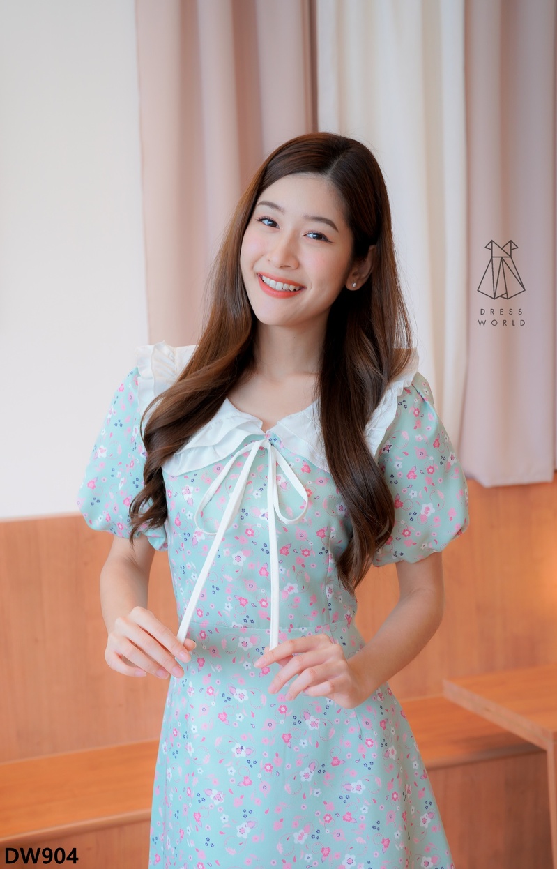 DRESS WORLD ชุดเดรส 904 ซ.ลายดอกคอปกแต่งระบายผูกเชือก สีเขียว Fairy