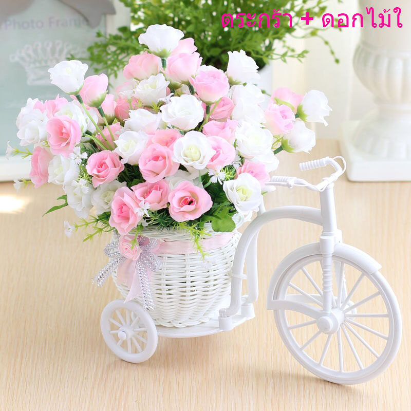 สวยขนาดเล็กดอกไม้ตะกร้าแจกันทำด้วยมือตะกร้าหวายสามล้อจักรยานตกแต่งบ้านสวนตกแต่งงานแต่งงาน, สุ่มผ้าไหมริบบิ้นการจัดส่งสี - ประเทศไทย