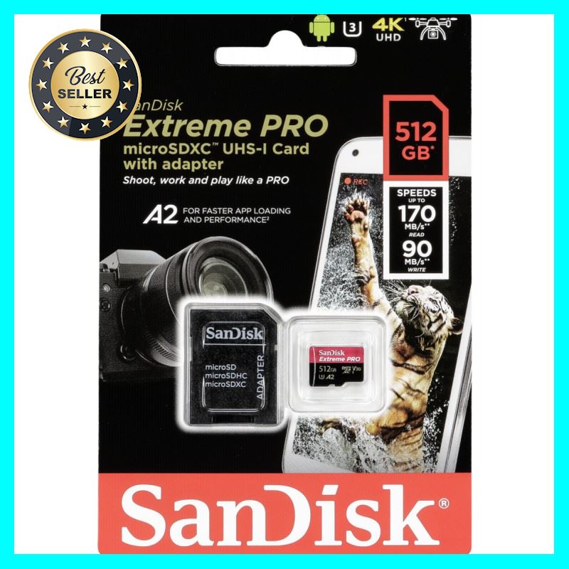 SanDisk 512GB Extreme PRO Micro SDXC R170/W90 เลือก 1 ชิ้น อุปกรณ์ถ่ายภาพ กล้อง Battery ถ่าน Filters สายคล้องกล้อง Flash แบตเตอรี่ ซูม แฟลช ขาตั้ง ปรับแสง เก็บข้อมูล Memory card เลนส์ ฟิลเตอร์ Filters Flash กระเป๋า ฟิล์ม เดินทาง