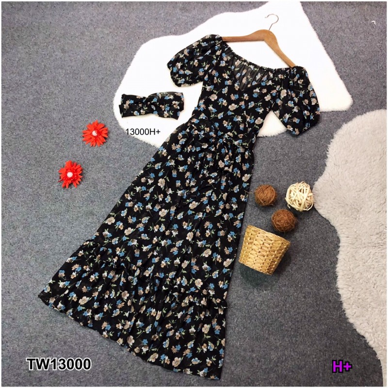 MM13000 เดรสชีฟองลายดอก + ยางโพกผม Floral chiffon dress + hair band ThaiPick