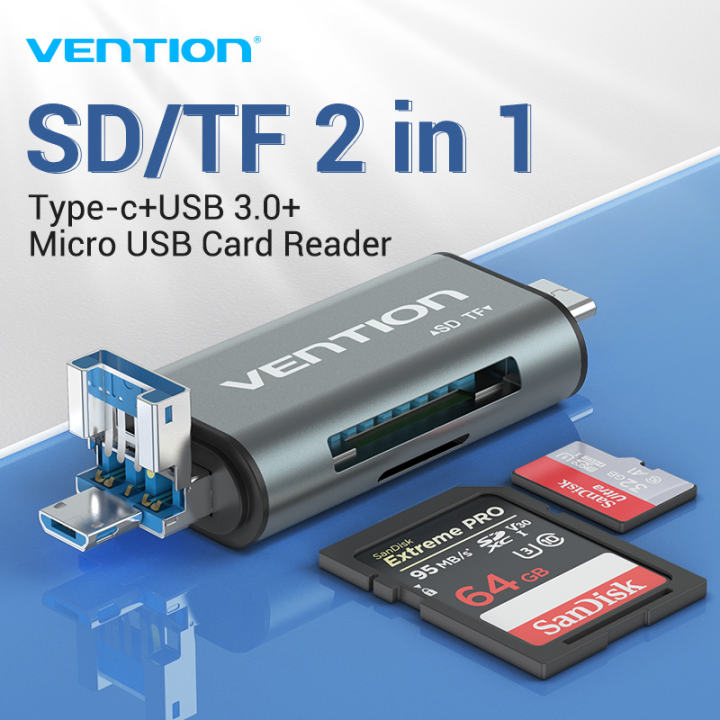 【ส่งจากไทย】Vention Type C Micro ตัวอ่าน sd card Adapter smart card reader USB Card Reader ที่เสียบเมม Adapter Card Reader 2 in 1 Card Reader for MacBook Laptop USB 3.0 SD / TF OTG Card Reader