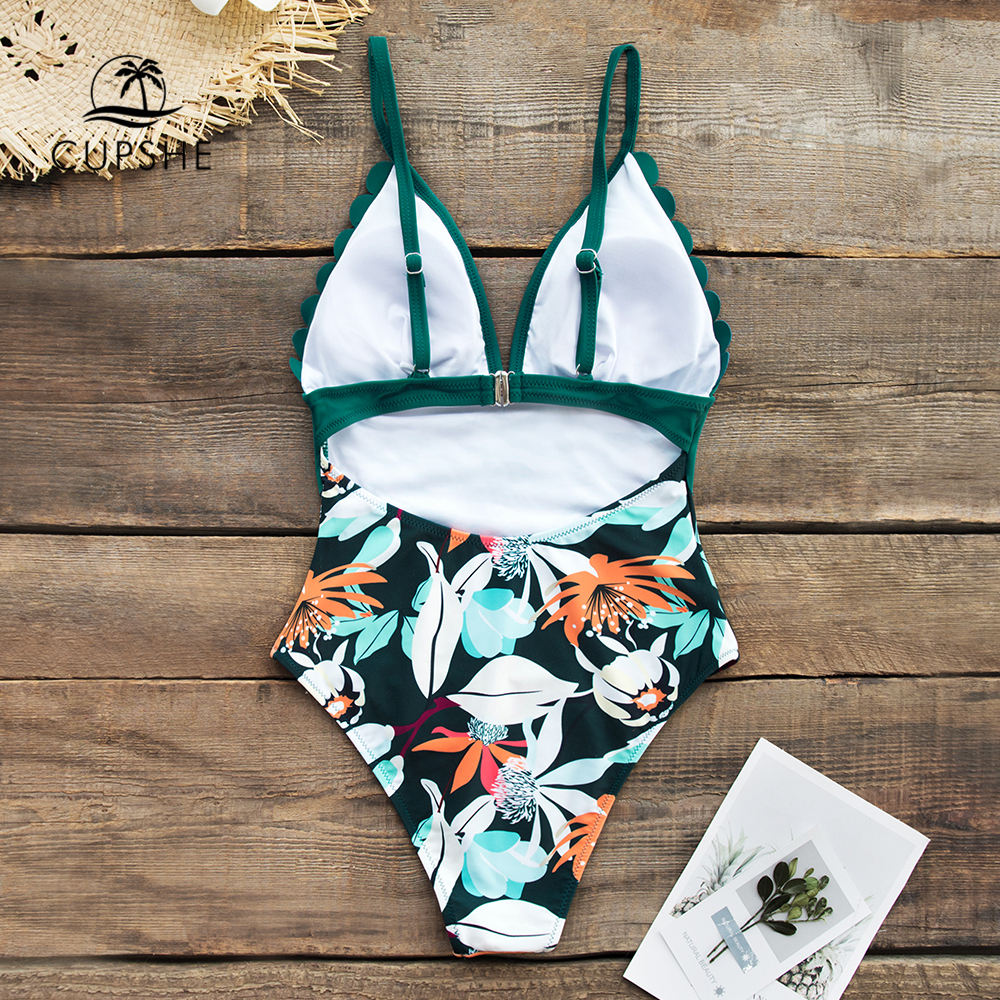 CUPSHE Teal and Floral Scalloped One-Piece Swimsuit Sexy V-neck Women ...