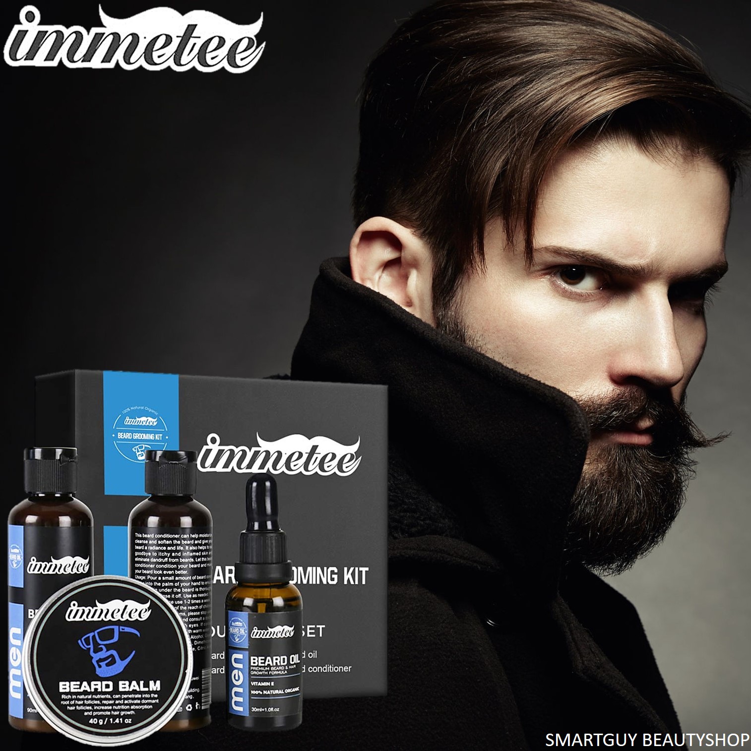 IMMETEE Beard Grooming Kit 4 Piece Set for Men 250ml. ชุดผลิตภัณฑ์ทำความสะอาดและดูแลหนวดเคราแบบครบสูตร
