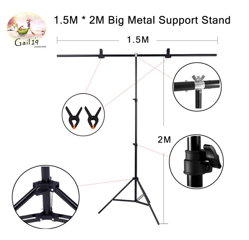 ชุดกล้องถ่ายภาพขนาด 1.5เมตร * 2เมตร. รองรับแท่นวางเหล็กและปากกาจับ 2 * สำหรับ PVC ฉากหลัง 1.5M * 2M Big Photography Studio Video Metal Support Stand System Kit Set W/ Crossbar Clamps 2 * Clamps for PVC Backdrop Background
