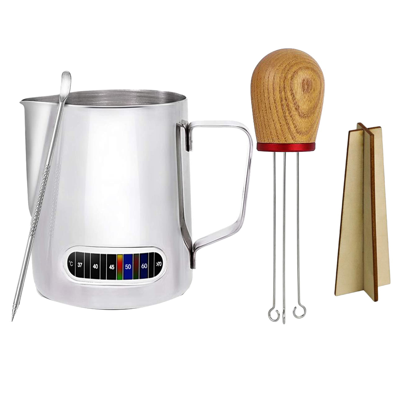 Espresso Steaming Pitcher with Thermometer with Coffee Tamper Stirring Needle with Solid Wood Handle
