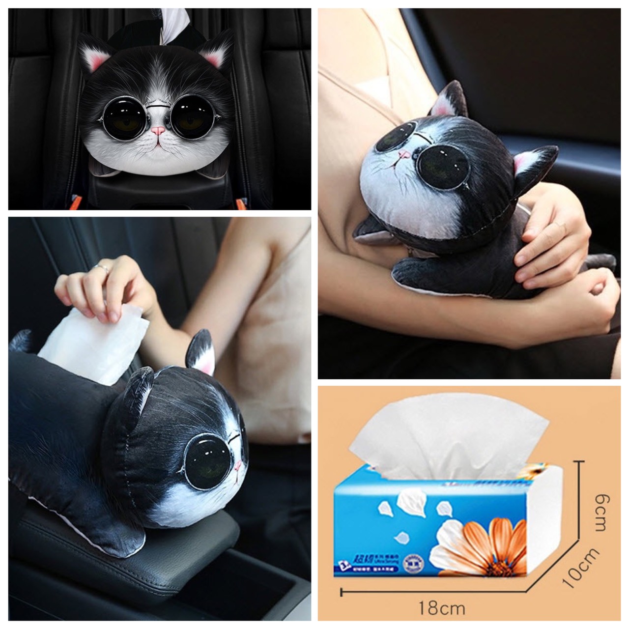 กล่องใส่ทิชชู่ ตุ๊กตา สุนัข แมว พิมพ์ลาย 3D ในรถยนต์ มีสายคาดยึด ใส่กระดาษชำระ วัสดุเกรดดี นุ่มนิ่ม น่ารัก