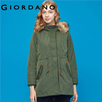 Giordano Women Coats Detachable Faux Fur Collar Hooded Banded-Waist Coats Windproof Long Sleeves Coats Free Shipping 05379679