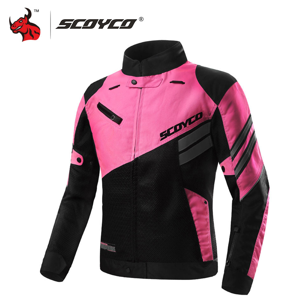 SCOYCO สตรีเสื้อแจ็คเก็ตขี่จักรยานยนต์ฤดูร้อน Breathable ตาข่ายแจ๊คเก็ตสำหรับขี่มอเตอร์ไซค์ Motocross Off-Road Racing แจ็คเก็ต Jaqueta Motociclista สีชมพู