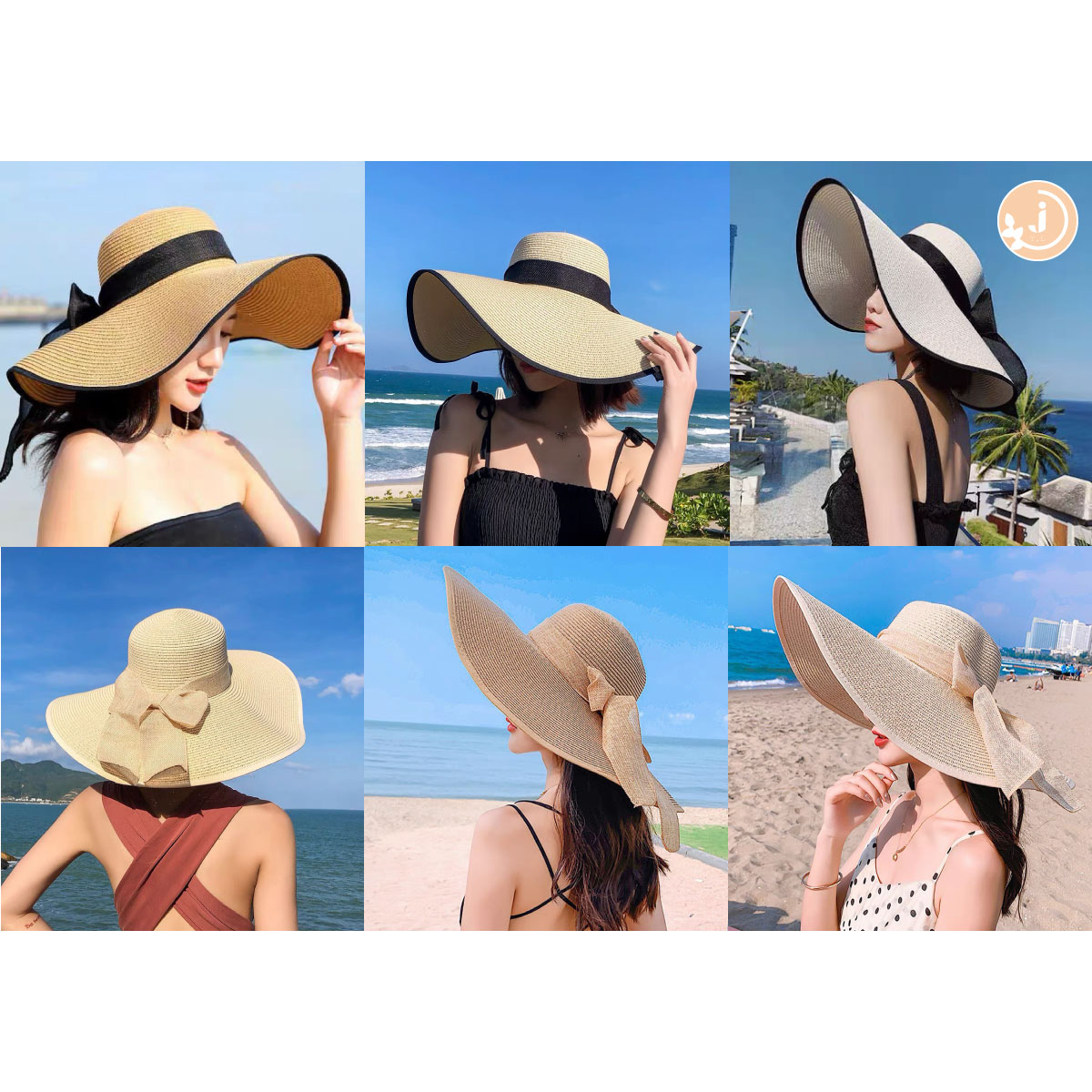 หมวกปีกกว้าง ชายหาด โบว์สีดำ หมวกสาน หมวกกันแดด หมวกแฟชั่น หมวก หมวกผูกโบว์ ขอบสีดำ หมวกสานผู้หญิง