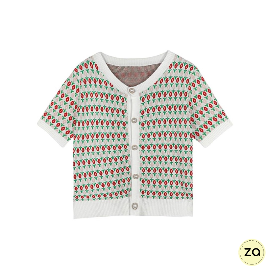 HOT SALE เสื้อไหมพรมลายดอกไม้ กระดุมมุก แขนสั้นคอวี - Zone A Fashion ...