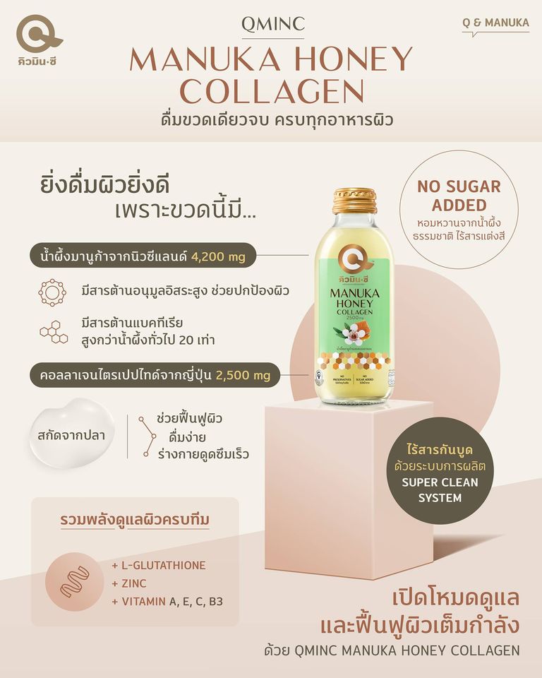 คิวมินซี เครื่องดื่มน้ำผึ้งมานูก้าผสมคอลลาเจน 2 ลัง (48 ขวด)  QminC Manuka Honey + Collagen 48 Bottles