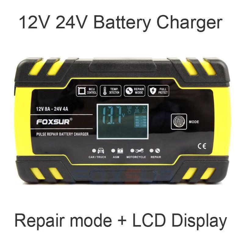 FOXSUR 12V 24V 8A Pulse Repair Charger with LCD Display, Motorcycle & Car Battery Charger, AGM Deep cycle GEL Lead-Acid Charger