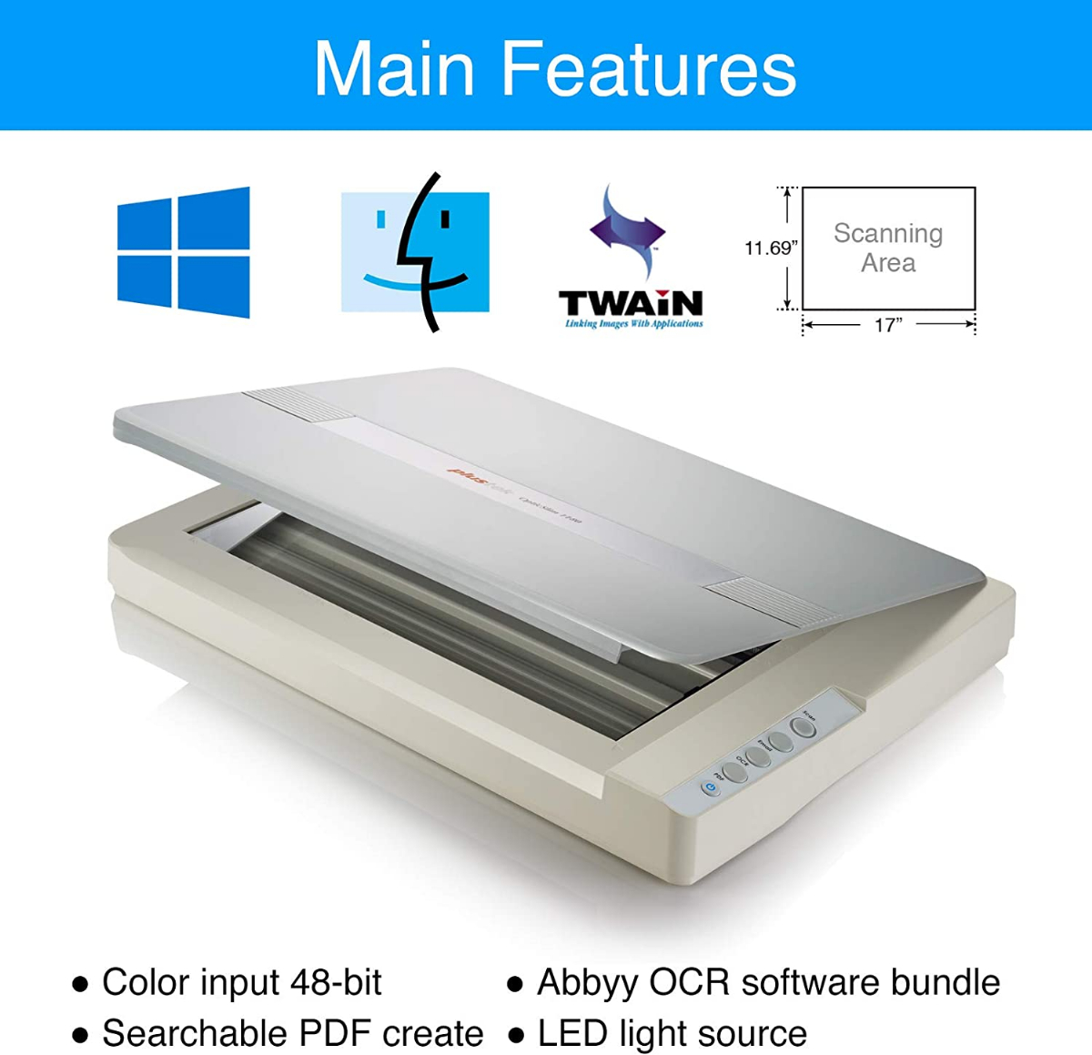 Plustek A3 Large Format Flatbed Scanner OS 1180 : 11.7x17 scan Size for  Blueprints and Document. Design for Library, School and Soho. A3 scan for 8  sec, Support Mac and PC