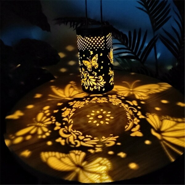 Retro Solar Lantern Light Outdoor Garden Waterproof Chandelier Hollow Butterfly Projection Lamp(with Ground Plug)