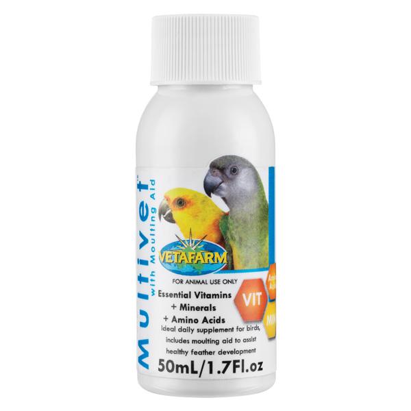Vetafarm Multivet วิตามินรวมสำหรับนก มีกรดอะมิโน, วิตามิน และแร่ธาตุ ช่วยบำรุงขน ผลัดขน (250ml)