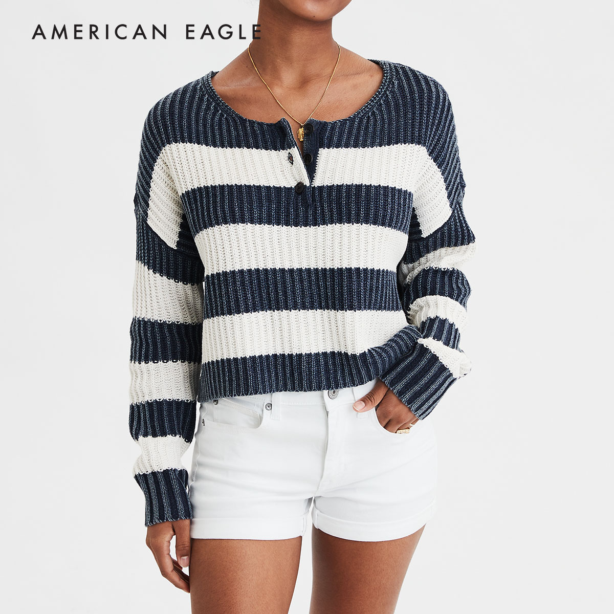 American Eagle Striped Acid Wash Henley Sweater เสื้อ สเวตเตอร์ ผู้หญิง ลายตรง(034-8650-410)