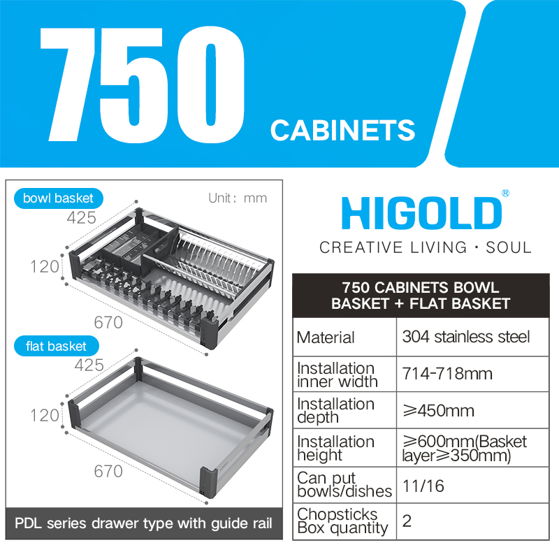 HIGOLD 600mm Kitchen Basket Pull Drawer 800mm / 900mm 304
