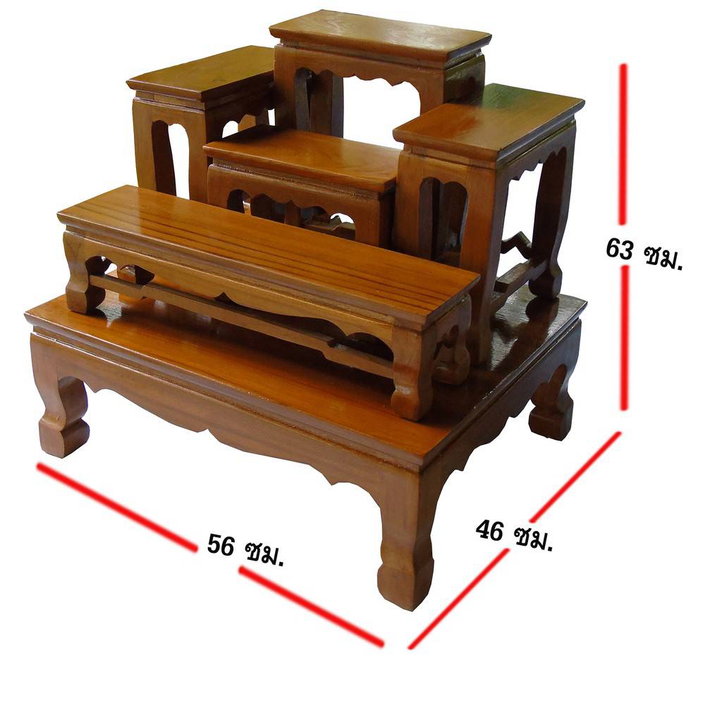 โต๊ะหมู่บูชา หมู่ 5 ขนาดความกว้างแต่ละโต๊ะ 5 นิ้ว (โต๊ะหมู่บูชา 5 หน้า 5) ผลิตจาก ไม้สัก