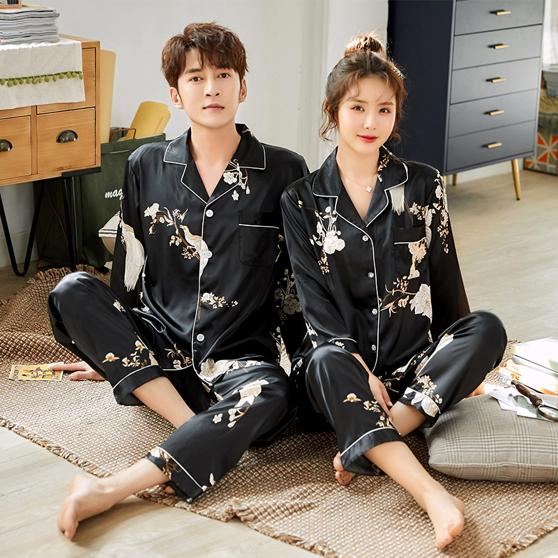 Unisex Adult Couple Pajamas Summer Long-sleeved 2 Pieces Ice Silk Female  Cartoon Pajamas Set Long Sleeve Men Home Service Suit