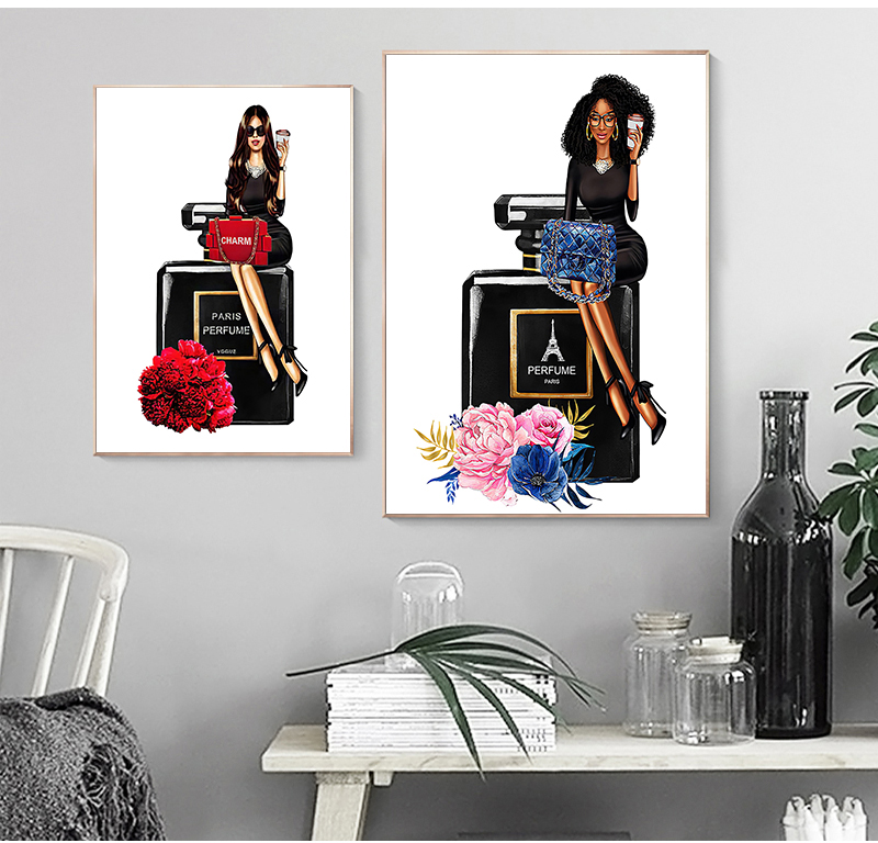 Fashion Girl Paris Perfume Lipstick Flower Wall Art Canvas Painting ...