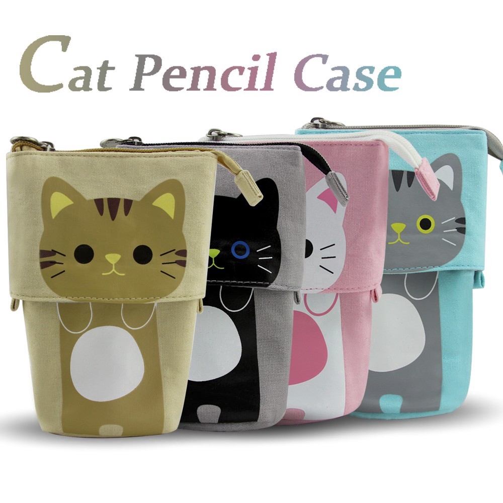 น่ารักที่ใส่ดินสอรูปแมวผ้าใบพับอุปกรณ์การเรียนดินสอกล่องดินสอกระเป๋าเล็กกระเป๋ากระเป๋าเครื่องเขียน