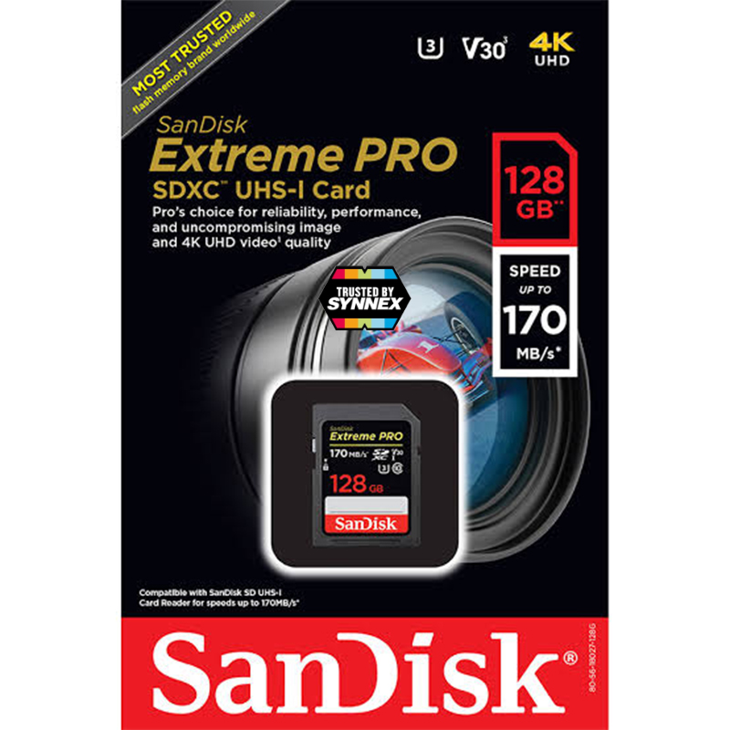 SanDisk Extreme Pro SD Card SDXC Speed R170MB/s 128GB (SDSDXXY_128G_GN4IN) ใส่ กล้อง กล้องถ่ายรูป กล้องถ่ายภาพ กล้องคอมแพค กล้องDSLR SONY Panasonic Fuji Cannon Casio Nikon