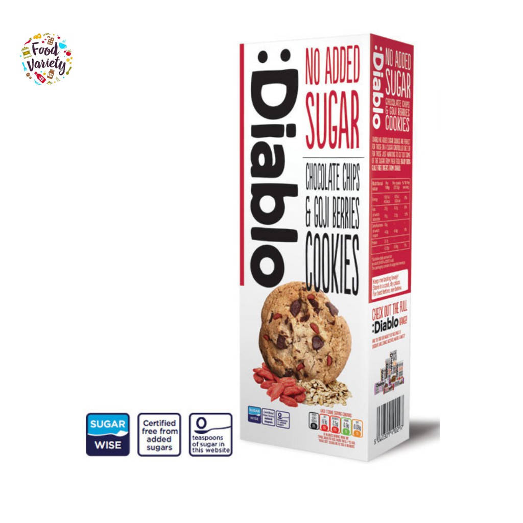 Diablo No Added Sugar Chocolate Chips & Goji Berries Cookies 135g เดียโบลคุกกี้ช็อกโกแลคชิพผสมโกจิเบอร์รี 135กรัม