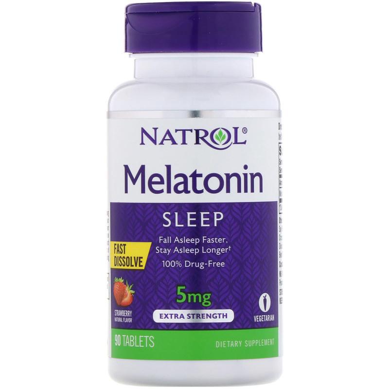 Melatonin Sleep 5mg. Extra Strength, Strawberry Natural Flavor 90 เม็ด