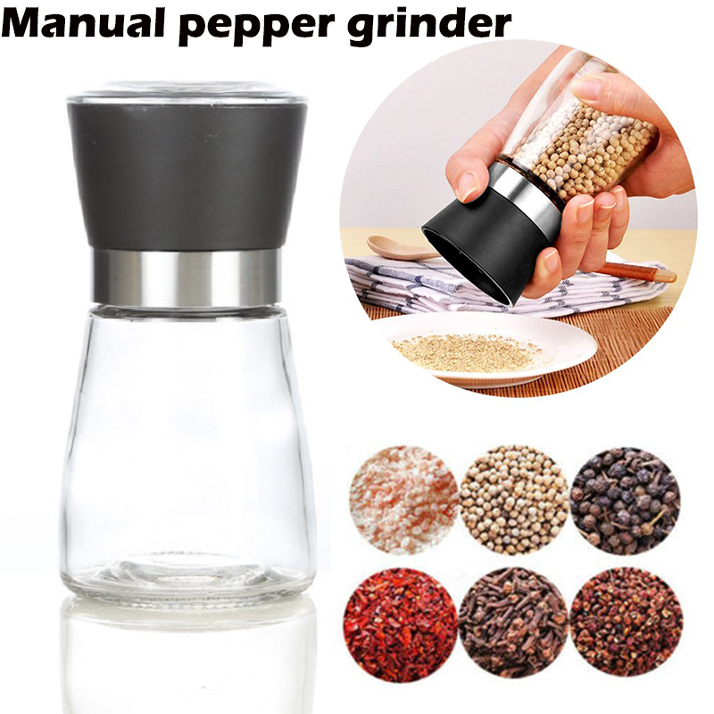 แก้วเกลือที่บดพริกไทยบดละเอียดภาชนะบรรจุเครืองปรุงอาหารตัวยึดเหยือกขวดบดสี: สีดำ Manual Pepper Grinder