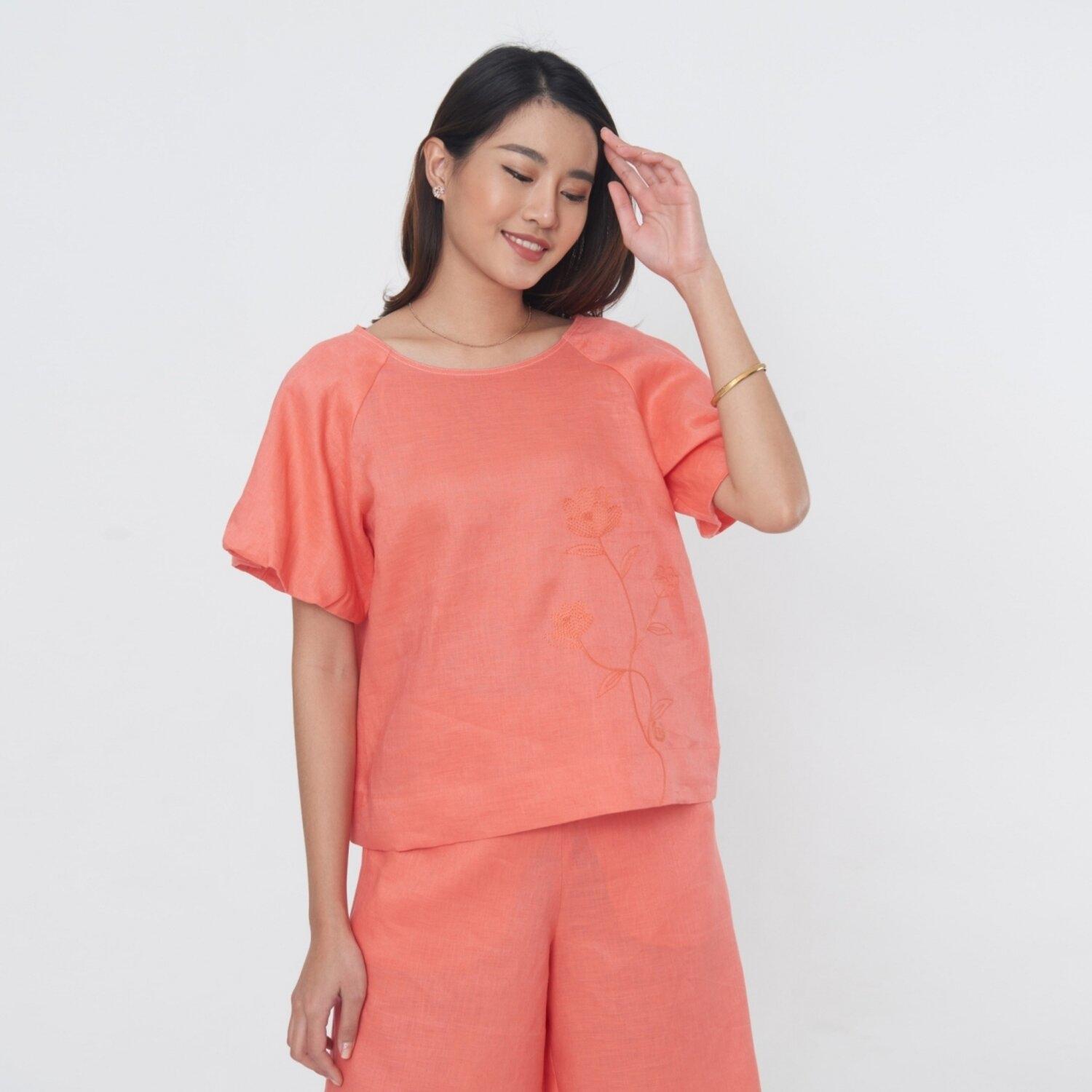 CD Linen Blouse เสื้อเบลาส์ แขนพอง ผ้าลินิน สีส้ม ซี แอนด์ ดี เสื้อ ...