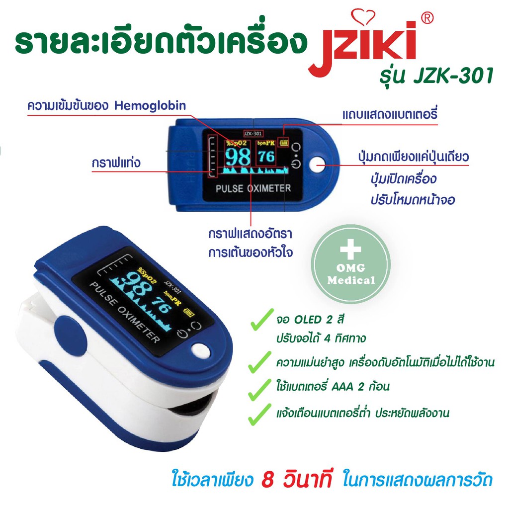 NMK ส่งฟรีประกันศูนย์ 1 ปี Pulse Oximeter Jziki เครื่องวัดออกซิเจนใน