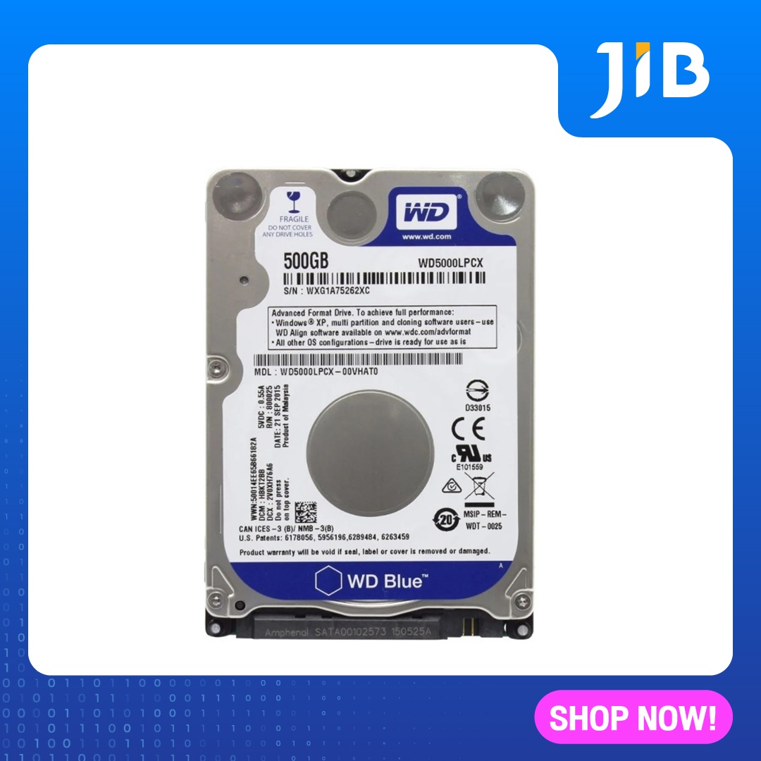 JIB 500 GB HDD 2.5  (ฮาร์ดดิสก์โน้ตบุ๊ค) WD BLUE 5400RPM SATA3 (WD5000LPCX)