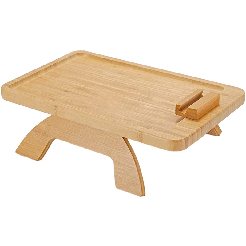 Bamboo Sofa Tray Table Clip on Side Table for Wide Couches Arm, Foldable Couch Tray with 360° Rotating Phone Holder