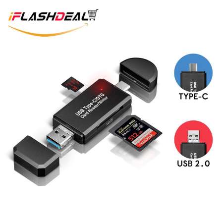 iFlashDeal SD/Micro SD Card Reader Writer USB 3.0 Memory Card Reader OTG Adapter Viewer Micro SD/TF Compact Flash Card Reader with 2 in 1 USB/Type C