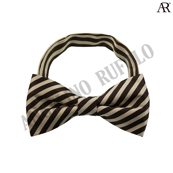 ANGELINO RUFOLO Bow Tie ผ้าไหมพิมพ์ลายคุณภาพเยี่ยม โบว์หูกระต่ายผู้ชาย ดีไซน์ Stripe Pattern สีน้ำตาล-ครีม