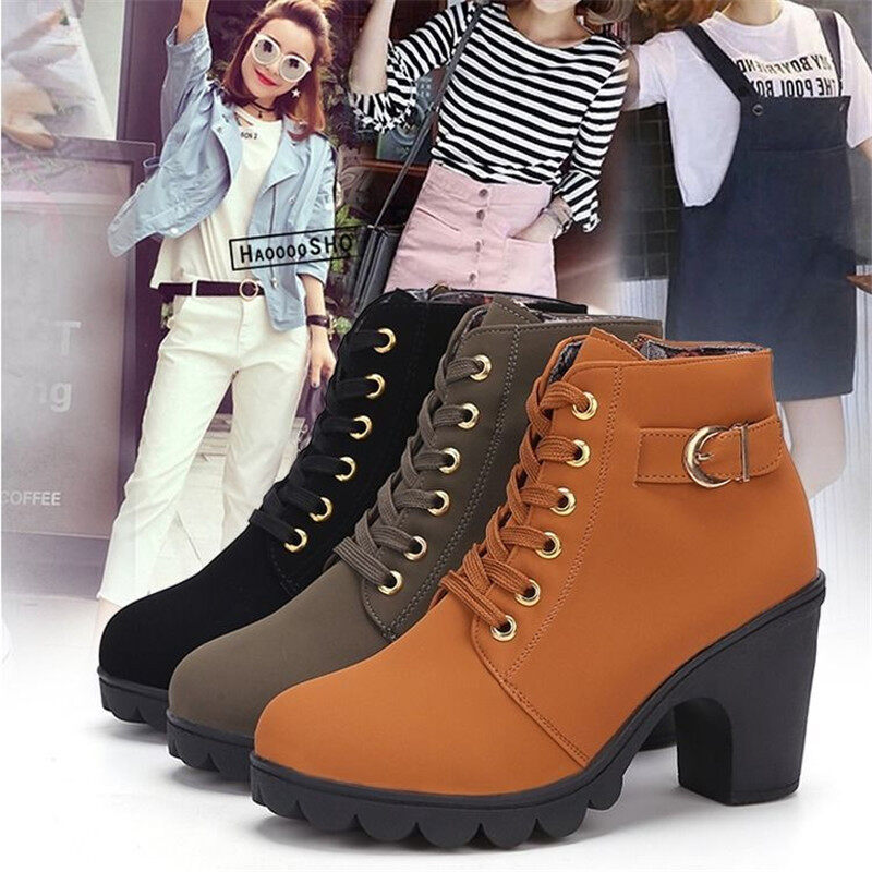 รองเท้าส้นสูงสไตล์เกาหลี Lace Up ankle boots shoes รองเท้าบูทหนังมีส้นหญิง Ladies Buckle Platform Shoes LTH222-6