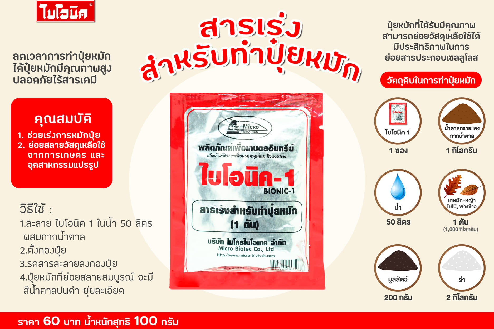 BIONIC ไบโอนิค 1 สารเร่ง พด.1 100 กรัม 12 ซอง สารเร่งทำปุ๋ยหมัก ปุ๋ย ...
