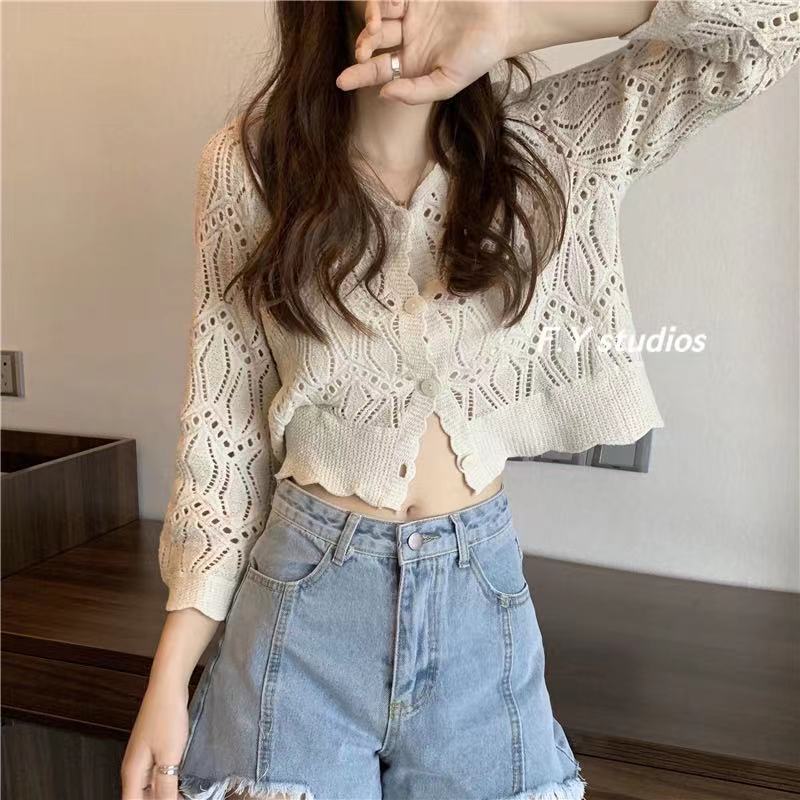 พร้อมส่ง️)เสื้อไหมพรม เสื้อลูกไม้แขนยาว กระดุมหน้า NO.