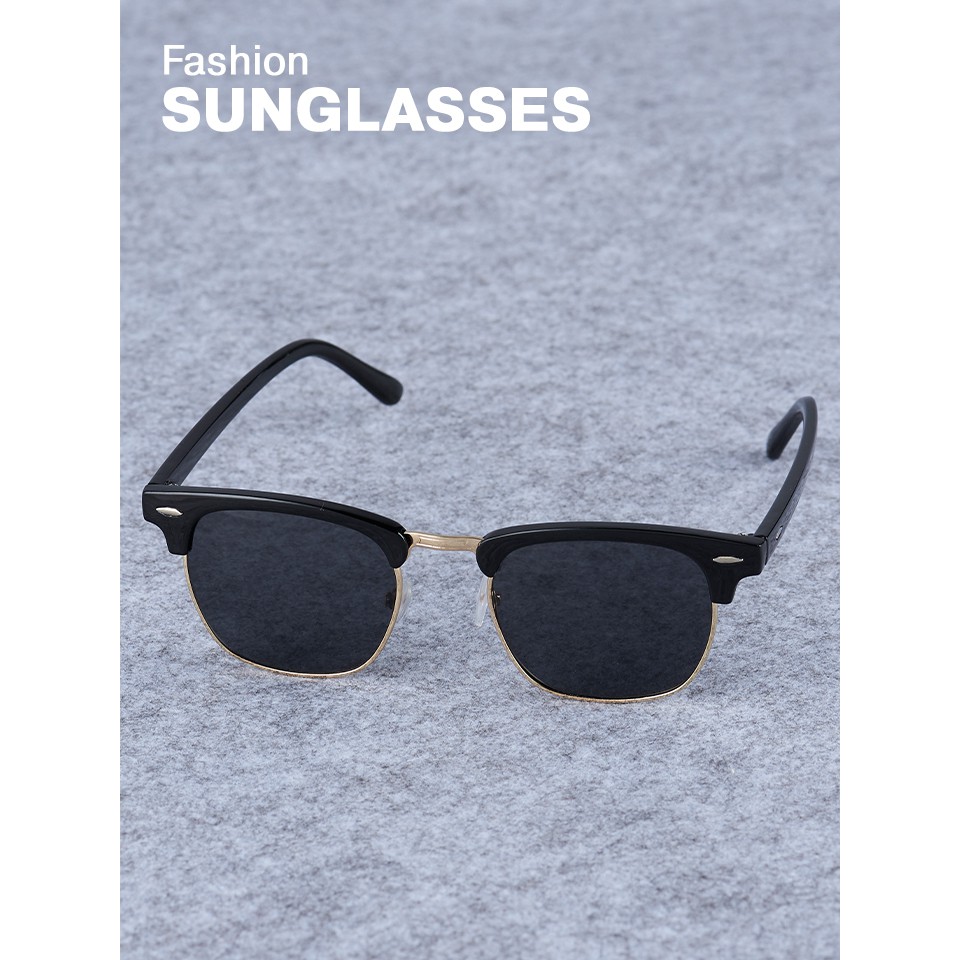 แว่นกันแดดแฟชั่น แว่นตาเลนส์ดำกรอบทอง แว่นกันแดดสีดำ Sunglasses with Case : Black Lens Golden Frame